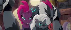 Size: 1600x672 | Tagged: safe, screencap, capper dapperpaws, grubber, tempest shadow, abyssinian, pony, unicorn, anthro, g4, my little pony: the movie, anthro with ponies, armor, broken horn, female, horn, male, mare, storm guard, tempest shadow's bodyguard
