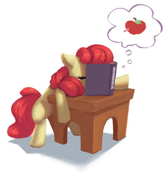 Size: 1452x1500 | Tagged: safe, artist:egn, apple bloom, pony, worm, g4, apple, atg 2017, book, desk, equestria daily exclusive, female, filly, food, newbie artist training grounds, school, simple background, sleeping, sleeping in class, sleeping while sitting, solo, thought bubble, white background