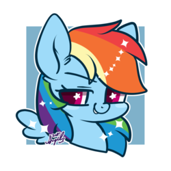 Size: 600x600 | Tagged: safe, artist:snow angel, rainbow dash, pony, g4, bust, ear fluff, female, raised eyebrow, simple background, smiling, solo, wingding eyes