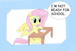 Size: 3496x2362 | Tagged: safe, artist:taurson, fluttershy, pony, g4, atg 2017, desk, dialogue, female, grammar error, high res, newbie artist training grounds, school, sitting, solo, thought bubble