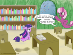 Size: 1280x960 | Tagged: safe, artist:halflingpony, cheerilee, twilight sparkle, earth pony, pony, seapony (g4), g4, alternate universe, atg 2017, book, bookshelf, dialogue, dorsal fin, duo, female, filly, fins, fish tail, flowing mane, newbie artist training grounds, ocean, open mouth, pun, purple eyes, recess, school, seaponified, seapony cheerilee, seapony twilight, solo, species swap, speech bubble, swimming, table, tail, talking, underwater, water
