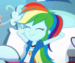 Size: 535x450 | Tagged: safe, screencap, rainbow dash, equestria girls, g4, leaping off the page, my little pony equestria girls: summertime shorts, animated, bed, bike shorts, clothes, cropped, cute, cutie mark on clothes, dashabetes, female, gif, rainbow dash's bedroom, shirt, short-sleeved jacket, skirt, talking