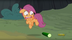 Size: 1673x930 | Tagged: safe, edit, edited screencap, screencap, scootaloo, pegasus, pony, campfire tales, g4, behaving like a cat, cat scared of cucumber, cucumber, discovery family logo, female, filly, food, jumping, looking down, meme, solo