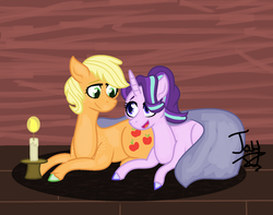 Size: 1024x807 | Tagged: safe, artist:jaythecatlover, applejack, starlight glimmer, earth pony, pony, unicorn, g4, alternate hairstyle, blanket, candle, female, lesbian, mare, ship:glimmerjack, shipping, sitting