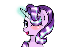 Size: 800x600 | Tagged: safe, artist:dulceticecocoa, starlight glimmer, pony, unicorn, g4, blushing, female, glowing horn, horn, one eye closed, simple background, solo, white background, wink