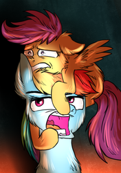 Size: 1405x2000 | Tagged: dead source, safe, artist:not-ordinary-pony, rainbow dash, scootaloo, pegasus, pony, campfire tales, g4, female, filly, multicolored hair, open mouth, scared, scene interpretation, teeth