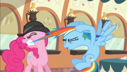 Size: 1920x1080 | Tagged: safe, screencap, pinkie pie, rainbow dash, pony, g4, mmmystery on the friendship express, biting, out of context