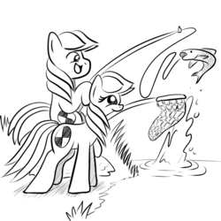 Size: 1000x1000 | Tagged: safe, artist:truffle shine, oc, oc only, oc:cordyceps sparkle, oc:truffle shine, earth pony, fish, pony, catching, catching net, duo, female, fishing, fishing rod, grass, lineart, male, mare, monochrome, rule 63, simple background, sketch, splash, stallion, transparent background, truffle shine's sketch series, water