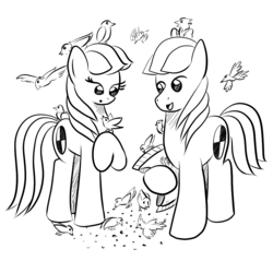 Size: 1000x1000 | Tagged: safe, artist:truffle shine, oc, oc only, oc:cordyceps sparkle, oc:truffle shine, bird, earth pony, pony, bird seed, duo, female, lineart, male, mare, monochrome, rule 63, sack, simple background, sketch, stallion, transparent background, truffle shine's sketch series