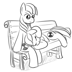 Size: 1000x1000 | Tagged: safe, artist:truffle shine, oc, oc only, oc:cordyceps sparkle, oc:truffle shine, earth pony, pony, bench, duo, female, lineart, lying down, male, mare, monochrome, rule 63, simple background, sketch, sleeping, stallion, transparent background, truffle shine's sketch series