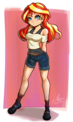 Size: 478x800 | Tagged: safe, artist:the-park, sunset shimmer, human, equestria girls, breasts, busty sunset shimmer, clothes, cute, female, humanized, shimmerbetes, shoes, shorts, shoulderless, simple background, socks, solo