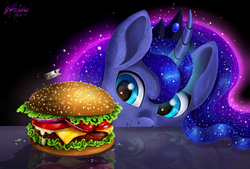 Size: 1024x691 | Tagged: safe, artist:das_leben, princess luna, alicorn, pony, g4, burger, cheeseburger, eyes on the prize, female, fluffy, food, grin, hamburger, hyper realistic eyes, mare, ponies eating meat, reflection, smiling, solo, soon