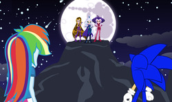 Size: 2641x1571 | Tagged: safe, artist:trungtranhaitrung, nightmare moon, rainbow dash, equestria girls, g4, cliff, crossover, darcy (winx club), equestria girls style, equestria girls-ified, icy, jojo's bizarre adventure, male, mare in the moon, moon, night, parody, pillar men, sonic the hedgehog, sonic the hedgehog (series), stormy, the trix, winx club