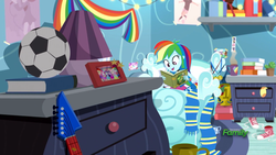 Size: 1280x720 | Tagged: safe, screencap, rainbow dash, equestria girls, g4, leaping off the page, my little pony equestria girls: summertime shorts, bedroom, boots, clothes, cup, drink, egghead, female, football, guitar, messy, picture, poster, reading, scarf, shoes, skirt