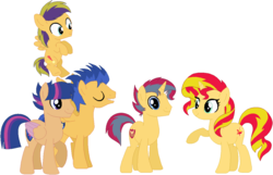 Size: 1136x732 | Tagged: safe, artist:emabases, flash sentry, sunset shimmer, oc, pony, unicorn, g4, family, female, half-siblings, male, offspring, parent:flash sentry, parent:sunset shimmer, parent:twilight sparkle, parents:flashimmer, parents:flashlight, ship:flashimmer, shipping, simple background, straight, white background
