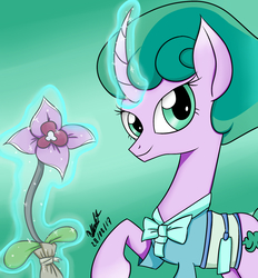 Size: 1944x2092 | Tagged: safe, artist:viejillox64art, mistmane, pony, unicorn, campfire tales, g4, legends of magic, beautiful, clothes, curved horn, female, flower, horn, magic, mare, mistmane's flower, raised hoof, solo, telekinesis