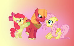 Size: 1396x872 | Tagged: safe, artist:tsintseh, apple bloom, big macintosh, fluttershy, earth pony, pony, g4, apple bloom the shipper, butt touch, cutie ship crusaders, female, hoof on butt, male, pushing, rump push, ship:fluttermac, shipper on deck, shipping, straight