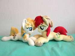 Size: 960x720 | Tagged: safe, artist:burgunzik, bright mac, pear butter, earth pony, pony, g4, the perfect pear, female, irl, male, photo, plushie, prone, ship:brightbutter, shipping, straight