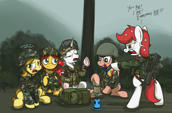 Size: 1280x840 | Tagged: safe, artist:buckweiser, oc, oc only, oc:indonisty, oc:kwankao, oc:pearl shine, oc:rosa blossomheart, oc:temmy, alicorn, earth pony, pegasus, pony, unicorn, army, assault rifle, bullpup rifle, camouflage, david bala, female, gun, helmet, indonesia, malaysia, mare, meme, military, military pony, military uniform, nation ponies, philippines, ponified, rifle, sar-21, singapore, thailand, tongue out, weapon, x intensifies