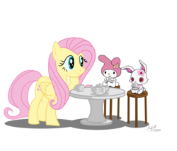 Size: 1600x1363 | Tagged: safe, artist:seifera, fluttershy, pegasus, pony, rabbit, g4, crossover, cup, female, jewelpet, mare, my melody, ruby (jewelpet), sanrio, sega, simple background, tea party, teacup, white background