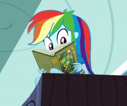 Size: 496x417 | Tagged: safe, screencap, daring do, rainbow dash, equestria girls, g4, leaping off the page, my little pony equestria girls: summertime shorts, animated, book, cropped, female, gif, reading rainboom, solo