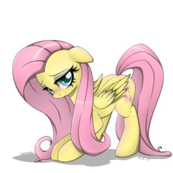 Size: 1136x1136 | Tagged: safe, artist:yorozpony, fluttershy, pegasus, pony, g4, bedroom eyes, blushing, cute, female, floppy ears, looking at you, mare, shy, shyabetes, simple background, smiling, solo