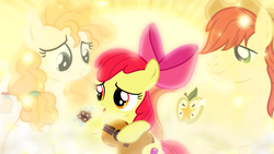 Size: 1600x900 | Tagged: safe, artist:magpie-pony, artist:sailortrekkie92, edit, apple bloom, bright mac, pear butter, earth pony, pony, g4, the perfect pear, couple, family, feels, female, glowing, guitar, male, ship:brightbutter, shipping, sitting, straight, vector, wallpaper, wallpaper edit
