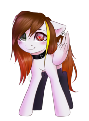Size: 1024x1394 | Tagged: safe, artist:zefirayn, oc, oc only, pegasus, pony, clothes, collar, commission, cute, digital art, ear piercing, female, floppy ears, heterochromia, mare, piercing, smiling, solo, stockings, thigh highs, vexel