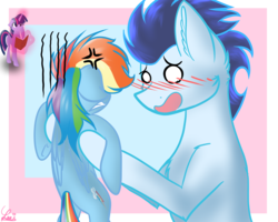 Size: 2952x2357 | Tagged: safe, artist:leeileria, rainbow dash, soarin', twilight sparkle, pony, g4, age regression, angry, blushing, cross-popping veins, ear fluff, female, floppy ears, gritted teeth, high res, holding a pony, magic, male, open mouth, ship:soarindash, shipping, size difference, smoldash, spell, straight, surprised, tiny ponies