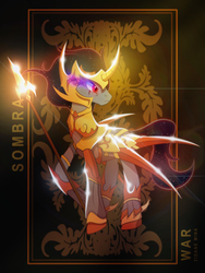 Size: 3161x4200 | Tagged: safe, artist:zidanemina, king sombra, pony, unicorn, g4, armor, crossover, helmet, looking back, male, saint seiya, scar, serious, serious face, solo, spear, stallion, weapon