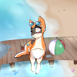 Size: 2500x2500 | Tagged: safe, artist:zakkuro, oc, oc only, oc:kiva, pony, robot, robot pony, beach, beach ball, female, goggles, high res, solo