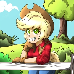 Size: 1500x1500 | Tagged: safe, artist:ciderpunk, applejack, human, g4, female, fence, humanized, rope, solo, tree