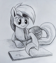 Size: 1024x1154 | Tagged: safe, artist:camyllea, rainbow dash, pegasus, pony, g4, atg 2017, book, cute, female, mare, monochrome, newbie artist training grounds, reading, simple background, sketch, smiling, solo