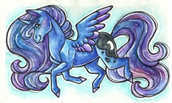 Size: 1761x1055 | Tagged: safe, artist:twixyamber, princess luna, alicorn, pony, g4, colored wings, female, multicolored wings, solo, traditional art