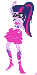 Size: 1100x2200 | Tagged: safe, artist:linacloud23, sci-twi, twilight sparkle, equestria girls, g4, alternate universe, bare shoulders, boots, clothes, clothes swap, cute, dancing, fall formal outfits, female, glasses, high heel boots, legs, ponytail, raised leg, shoes, simple background, skirt, sleeveless, solo, stars, strapless, transparent background