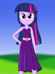 Size: 1280x1707 | Tagged: safe, artist:phantomshadow051, twilight sparkle, equestria girls, g4, beautiful, clothes, dress, dress interior, female, grass, happy, looking at you, purple, smiling, smirk, solo