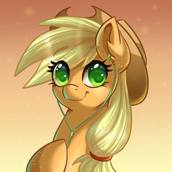 Size: 3937x3937 | Tagged: safe, artist:pitchyy, applejack, earth pony, pony, applejack's hat, bust, colored pupils, cowboy hat, cute, ear freckles, earbuds, female, freckles, gradient background, hat, jackabetes, looking at you, mare, pony asmr, portrait, smiling, solo, stetson