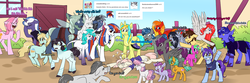 Size: 1280x427 | Tagged: safe, artist:cosmalumi, sweetie belle, oc, oc:bay, oc:cloudy sky, oc:cyber magus, oc:deli, oc:dream baker, oc:frostfall, oc:glittershell, oc:gloomy mark, oc:marathon, oc:night gear, oc:ocean bird, oc:paradigm, oc:polaris, oc:rose, oc:sandy shores, oc:silver wing, oc:sky highlight, oc:sunrise tune, pony, g4, albino changeling, ask-marathon, circling stars, floppy ears, knocked out, looking at you, lots of characters, swirly eyes, waving, white changeling