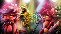 Size: 3840x2160 | Tagged: safe, artist:spectrumblaze, oc, oc only, oc:indonisty, oc:kwankao, oc:pearl shine, oc:rosa blossomheart, oc:temmy, pony, band, drums, drumsticks, electric guitar, female, guitar, high res, keyboard, mare, mascot, microphone, musical instrument, nation ponies, singapore