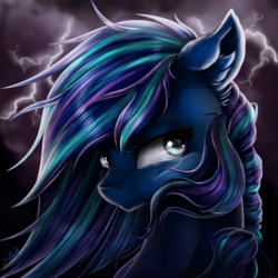 Size: 2048x2048 | Tagged: safe, artist:gaelledragons, oc, oc only, oc:squeila forest, earth pony, pony, bust, cloud, female, high res, lightning, mare, multicolored hair, portrait, solo, storm, stormcloud