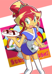 Size: 824x1164 | Tagged: safe, artist:rvceric, sunset shimmer, equestria girls, g4, alternate hairstyle, apron, clothes, female, food, hair bun, hair tie, happi, looking at you, open mouth, serving tray, smiling, socks, solo, standing, sunset sushi, sushi, thigh highs, toy interpretation, uniform, zettai ryouiki