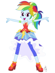Size: 1536x2048 | Tagged: safe, artist:ilaria122, rainbow dash, equestria girls, g4, my little pony equestria girls: legend of everfree, alternate hairstyle, armpits, clothes, crystal gala, crystal gala dress, dress, female, high heels, lightning, multicolored hair, ponytail, shoes, simple background, solo, stars, wristband