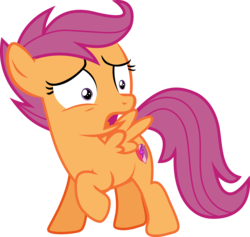 Size: 4162x3947 | Tagged: safe, artist:frownfactory, scootaloo, pegasus, pony, campfire tales, .svg available, cutie mark, female, filly, looking down, open mouth, orange coat, purple eyes, purple hair, purple mane, purple tail, scared, simple background, solo, svg, the cmc's cutie marks, transparent background, vector, wings