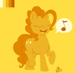 Size: 1480x1439 | Tagged: safe, artist:feralroku, pinkie pie, earth pony, pony, g4, color palette challenge, eyes closed, female, limited palette, mare, music notes, open mouth, raised hoof, raised leg, simple background, singing, solo, speech bubble, yellow background