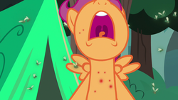 Size: 1280x720 | Tagged: safe, screencap, scootaloo, fly-der, pony, campfire tales, g4, female, fly-der bite, nose in the air, open mouth, solo, volumetric mouth