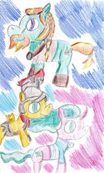 Size: 687x1143 | Tagged: safe, artist:ptitemouette, flash magnus, mistmane, rockhoof, earth pony, pony, campfire tales, g4, my little pony: friendship is magic, traditional art