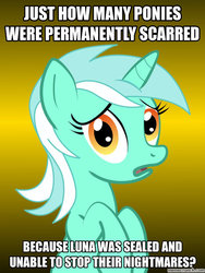 Size: 625x833 | Tagged: safe, lyra heartstrings, pony, unicorn, g4, conspiracy lyra, dream walker luna, exploitable meme, female, fridge horror, fridge logic, mare, meme, scared, the implications are horrible