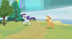 Size: 908x489 | Tagged: safe, screencap, applejack, rarity, pony, campfire tales, g4, my little pony: friendship is magic, majestic, waterfall