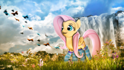 Size: 1920x1080 | Tagged: safe, artist:star-lightstarbright, fluttershy, butterfly, pony, g4, 3d, clothes, cute, female, happy, shyabetes, socks, solo, striped socks, waterfall
