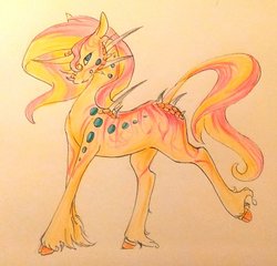 Size: 1024x981 | Tagged: safe, artist:oneiria-fylakas, sunset shimmer, original species, pony, g4, curved horn, female, horn, skall, solo, species swap, traditional art